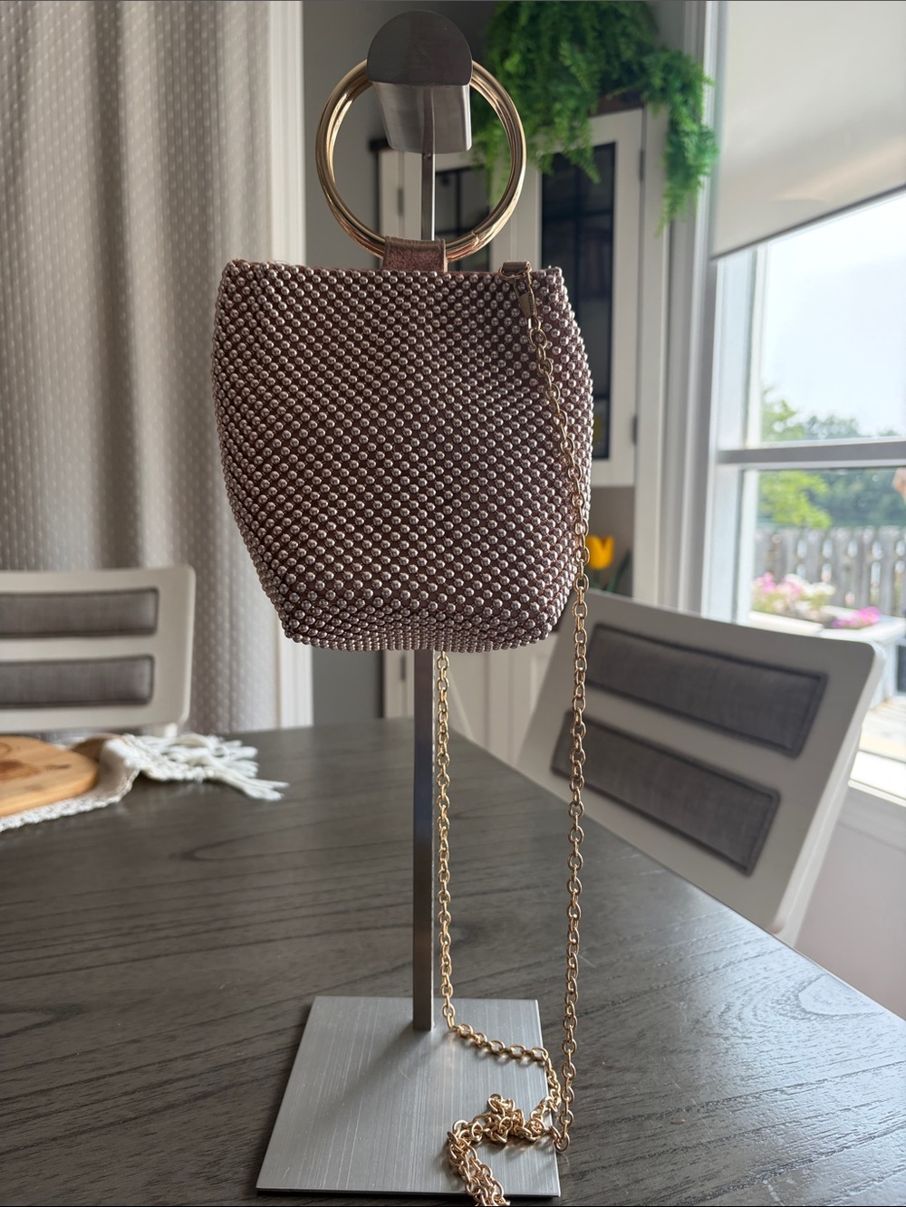 Jessica McClintock Rose GoldBeaded Mini Bag with Gold Ring Handle